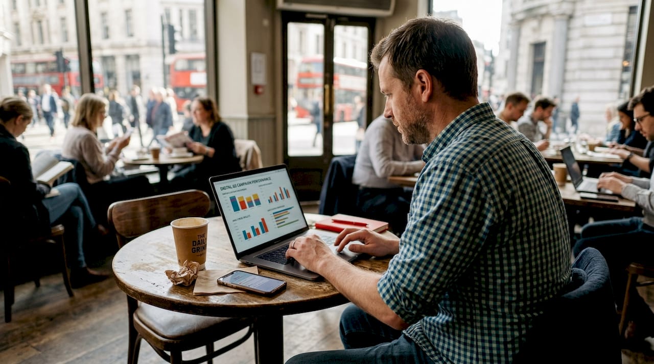 Man checking digital ad campaign at café table