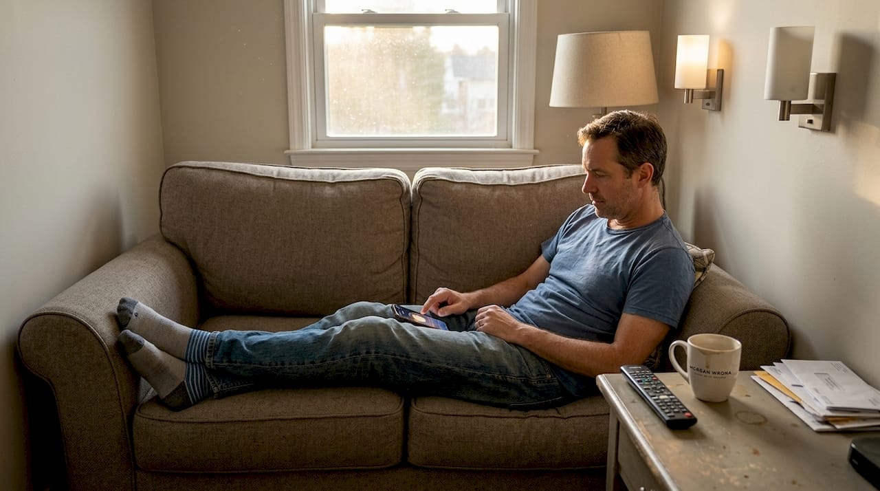 Man easily controlling smart lighting from sofa