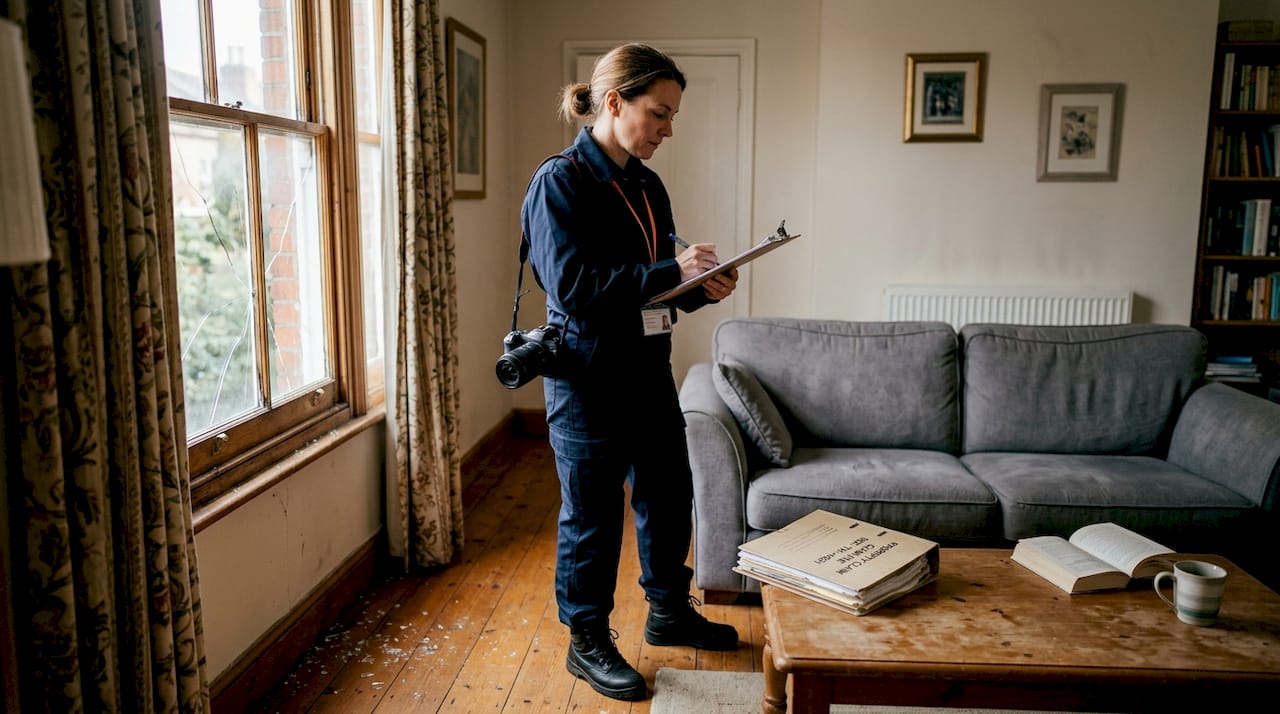 Insurance inspector documenting window damage inside home