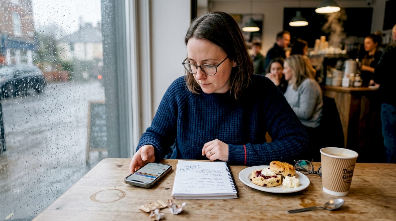 Person scheduling social posts in busy café