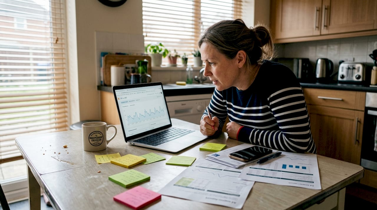 Marketer reviewing reports at kitchen table