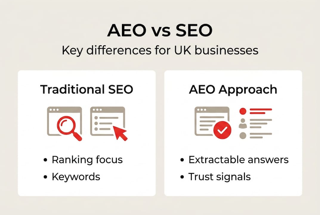 Infographic comparing AEO and SEO approaches