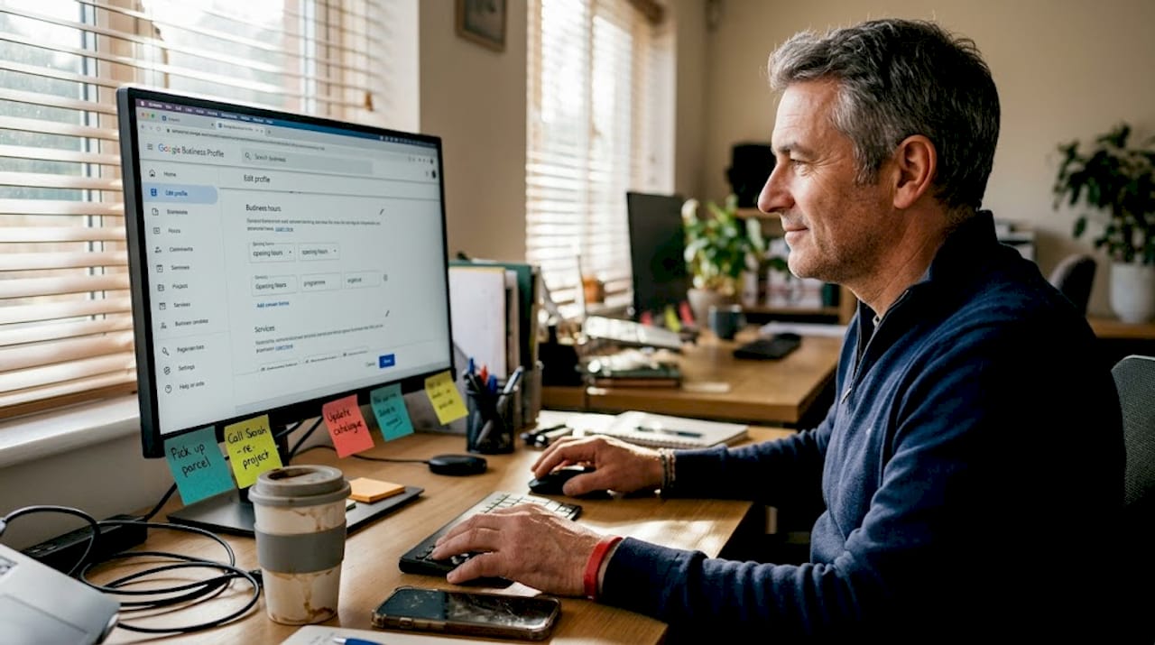 Man updating Google Business Profile in workspace