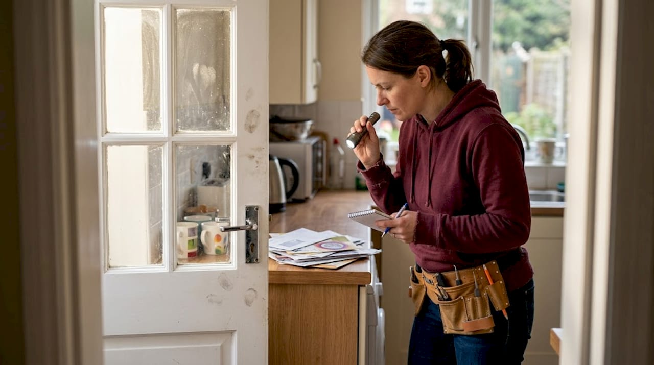 Locksmith inspecting home back door lock