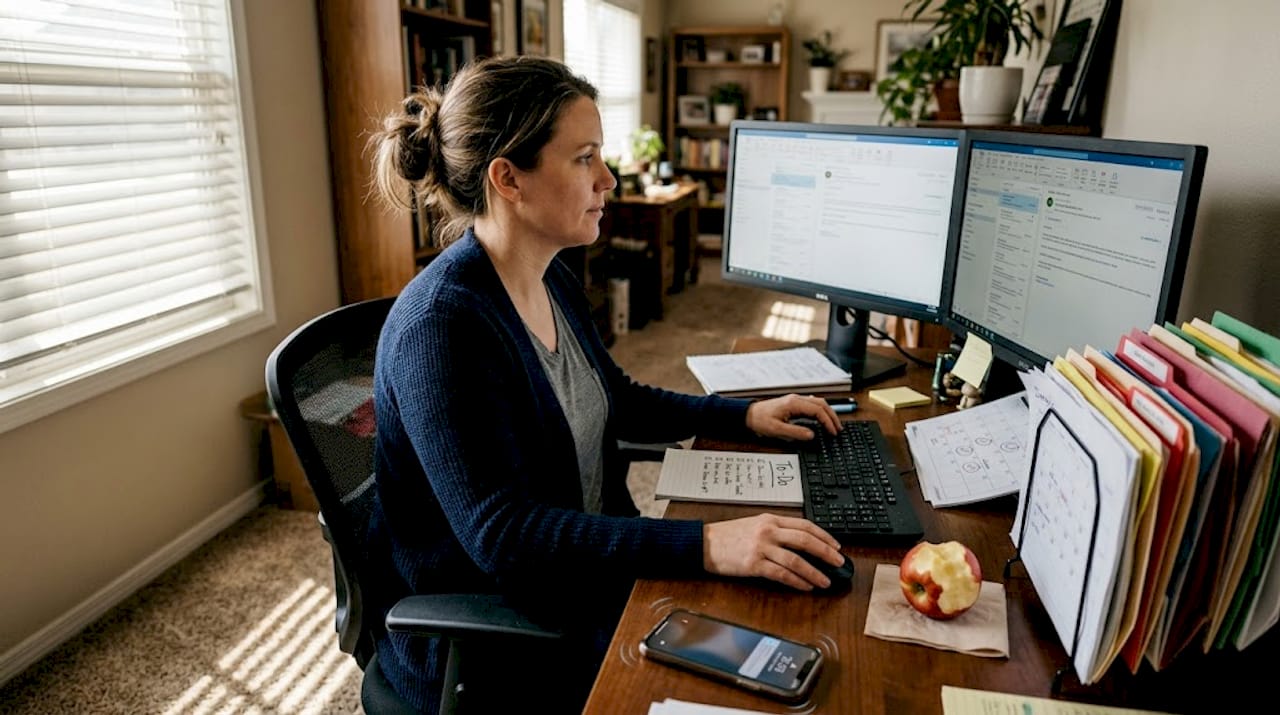 Woman automating email follow-up in home office