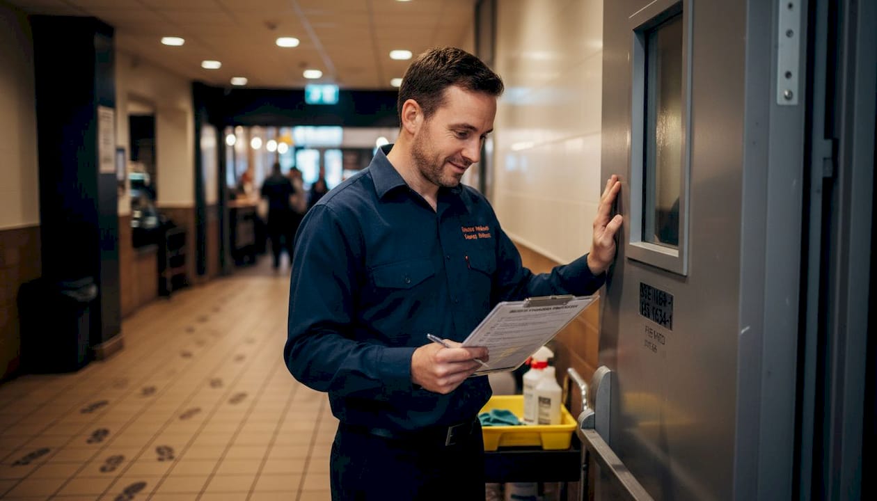 Manager checks door grading in city café