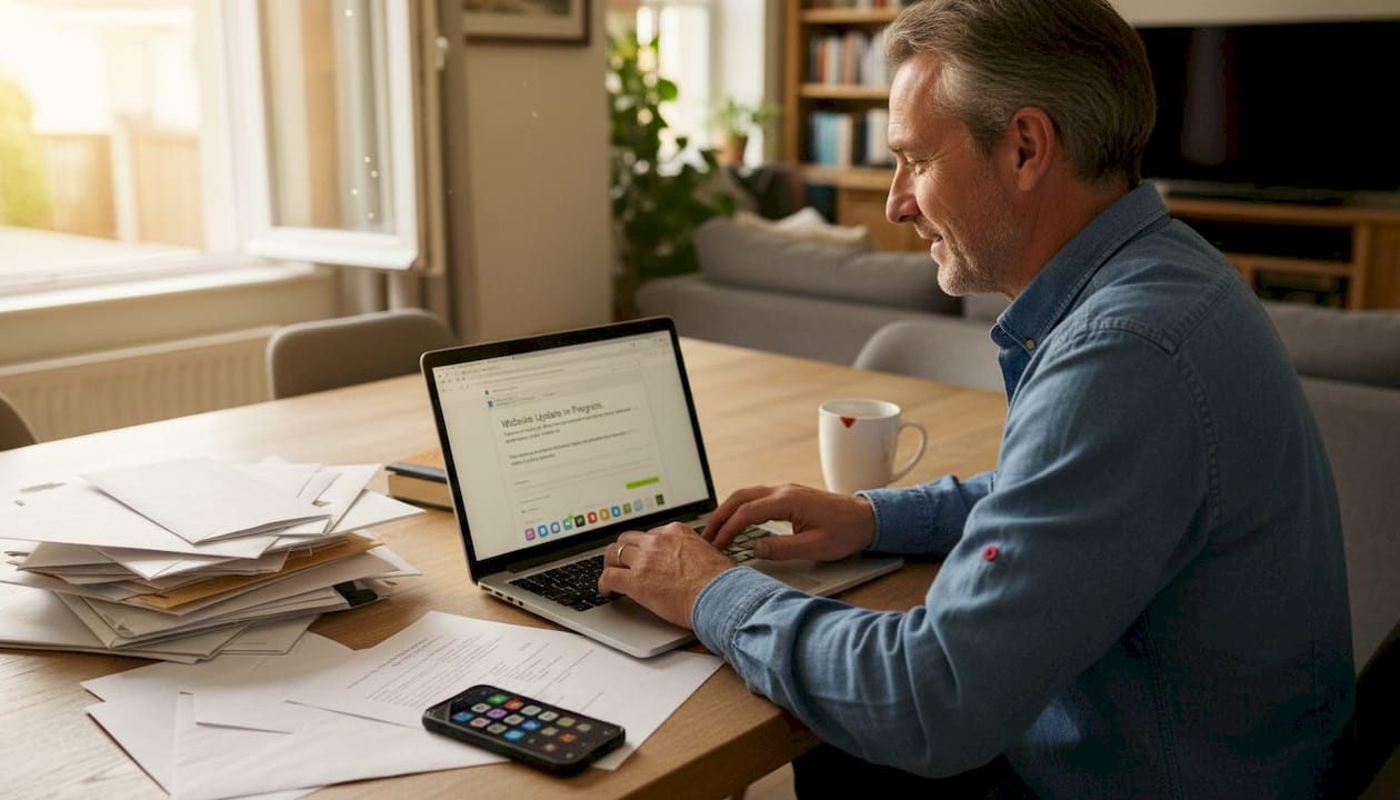 Business owner updating website at home