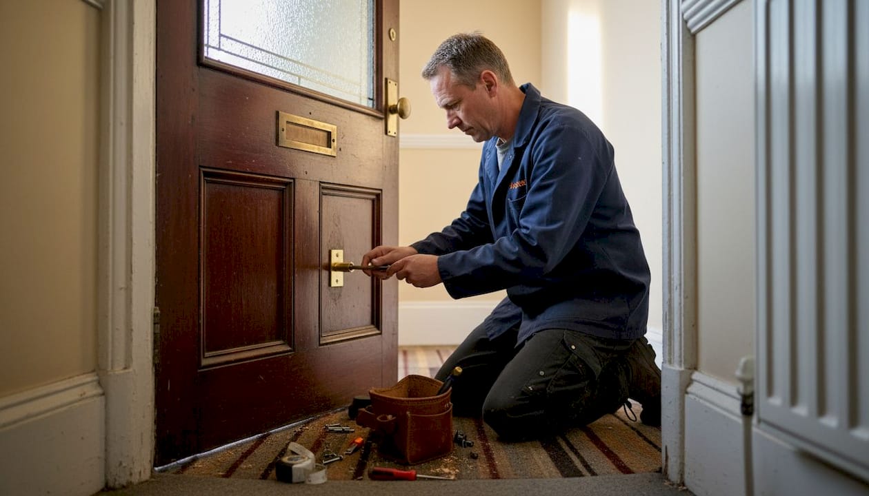 Locksmith installing deadlock on wooden door