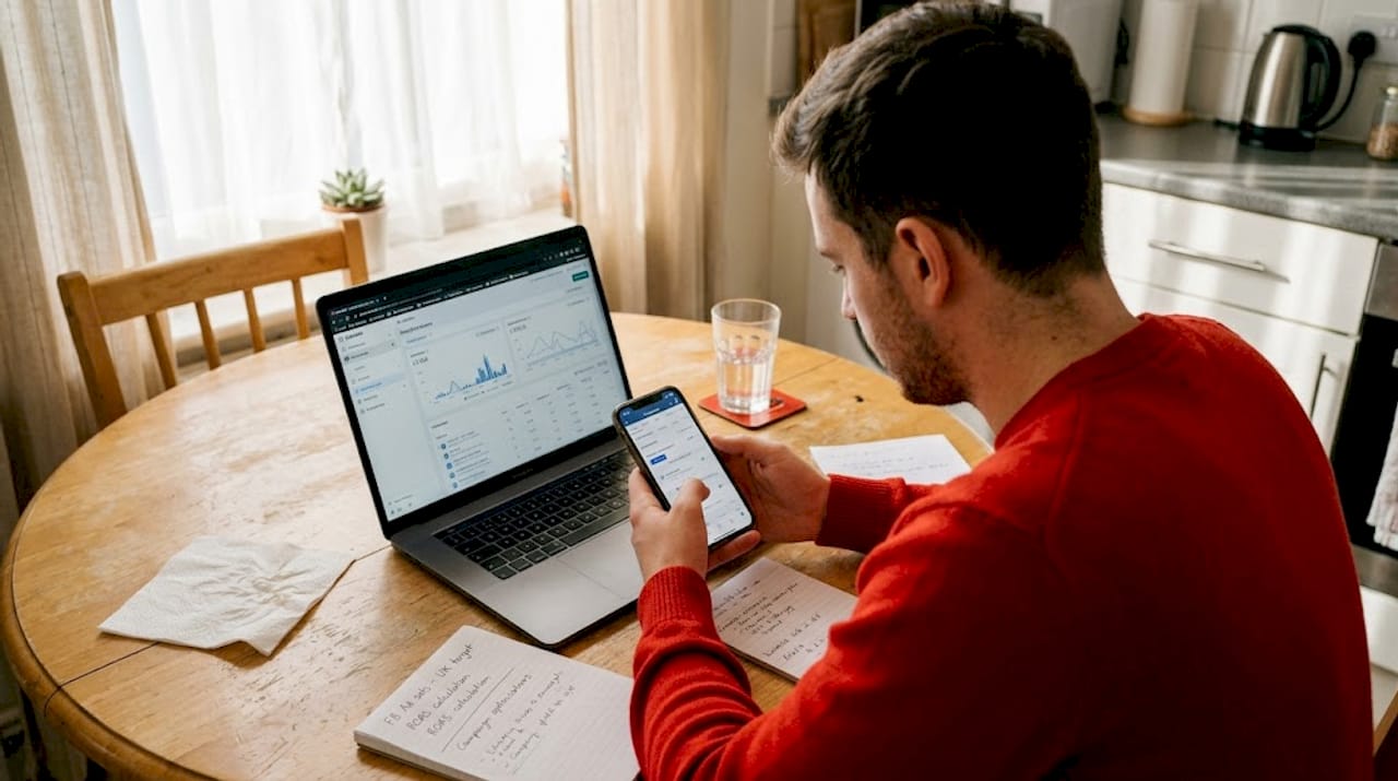 Marketer checking Facebook ads on mobile