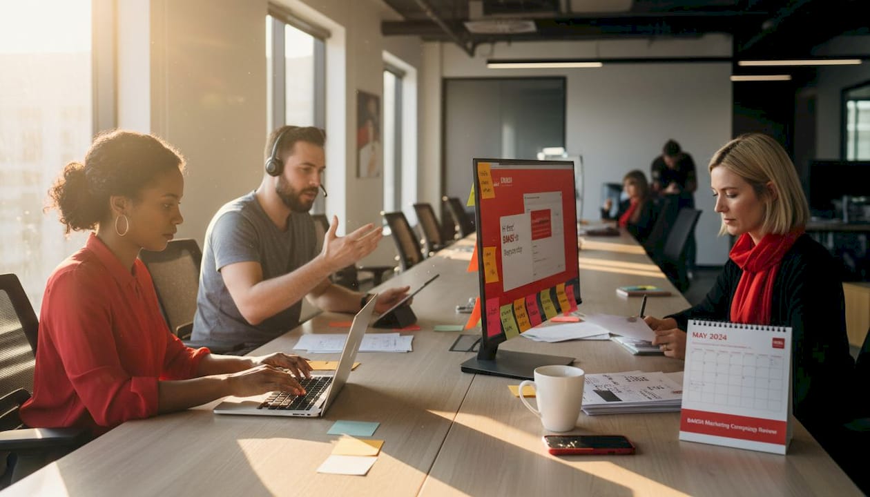 Team providing hybrid customer support in office