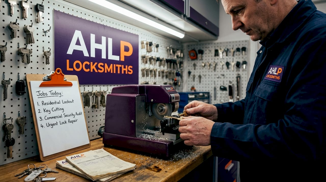 Locksmith cutting new house key in workshop