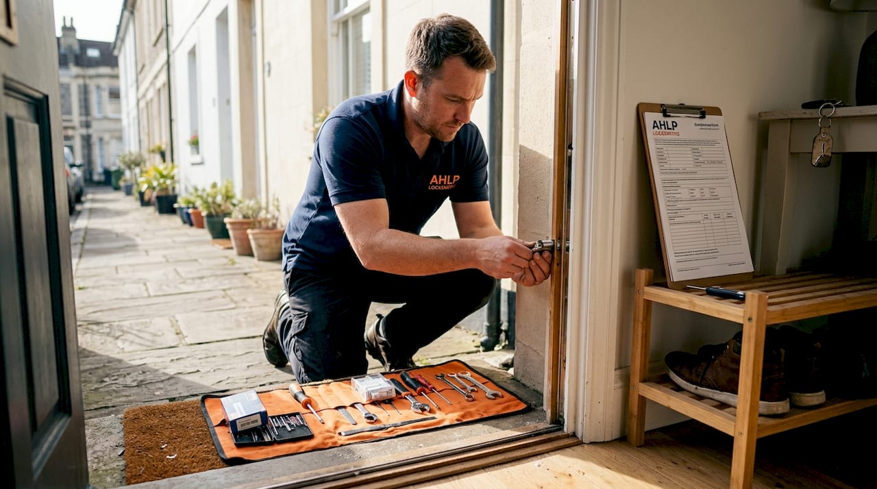 Locksmith installs new cylinder lock at door