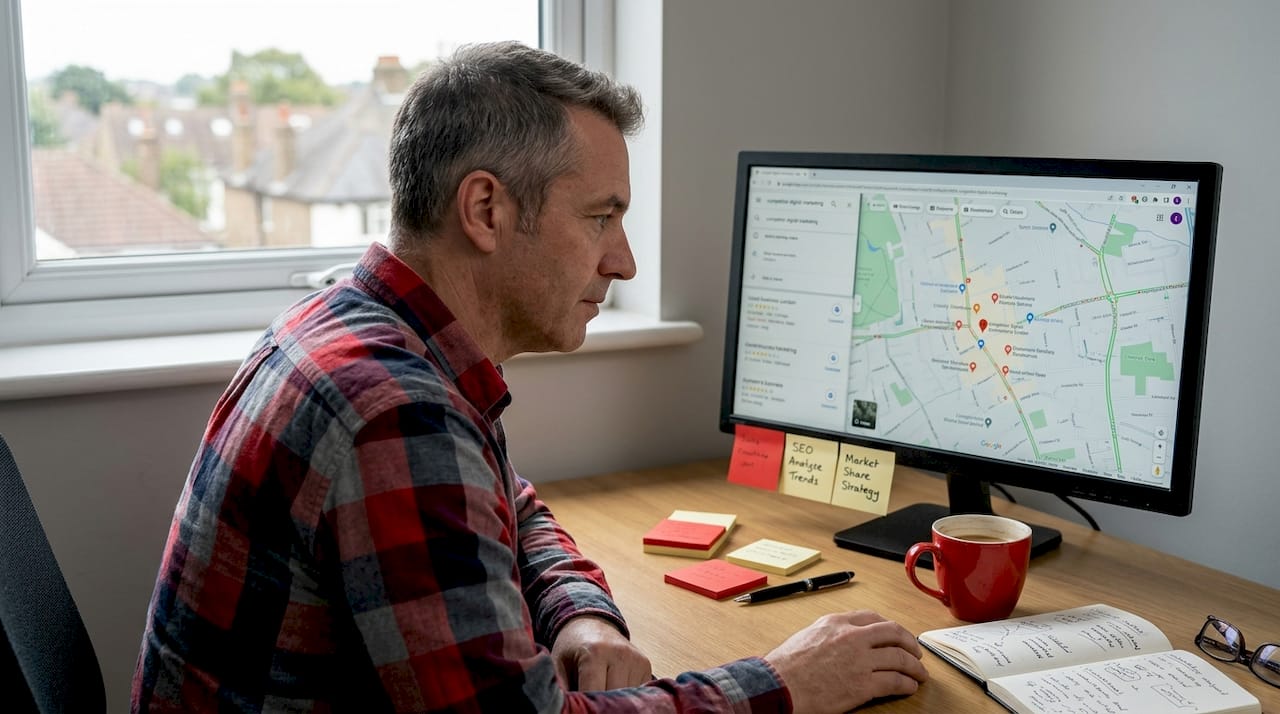 Man searching business on Google Maps at home desk