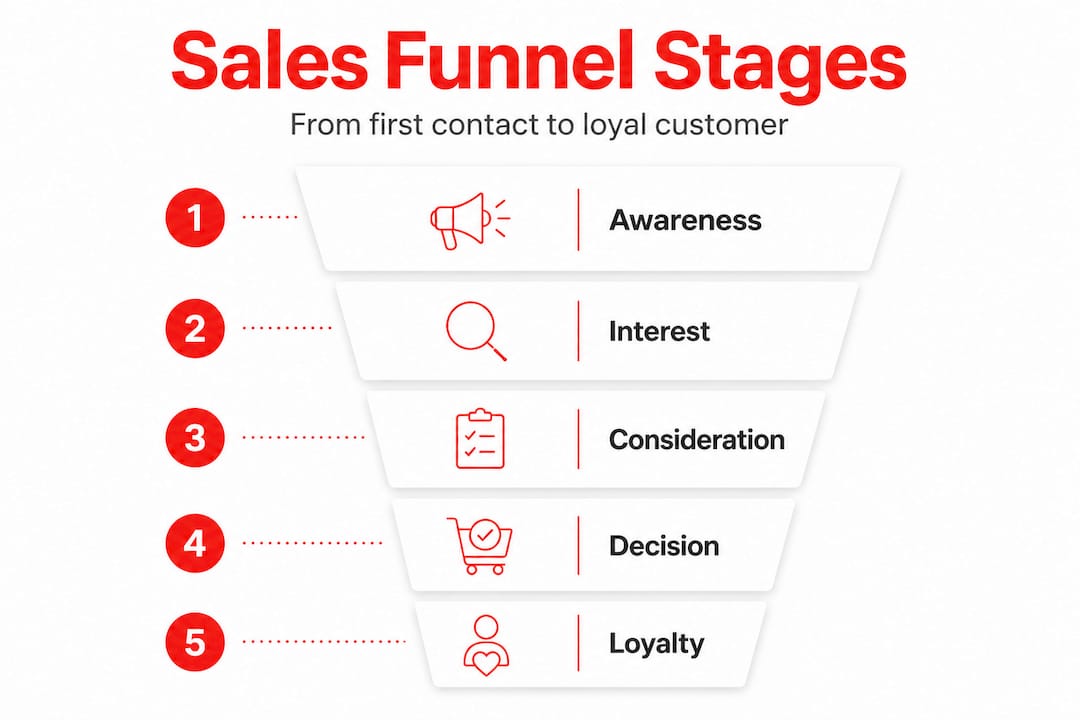 Infographic showing five vertical sales funnel stages
