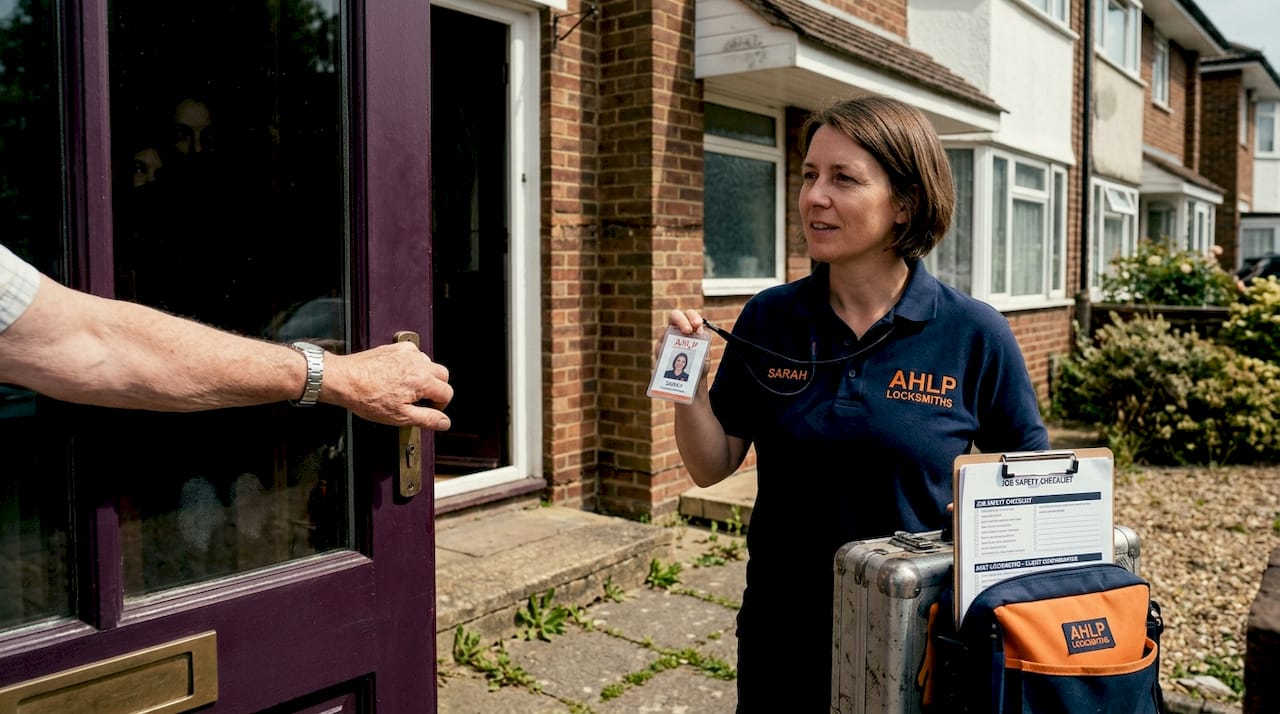 Locksmith displaying ID before home entry
