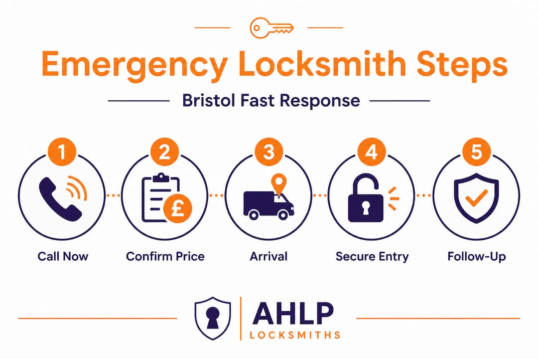 Infographic with steps for emergency locksmith response