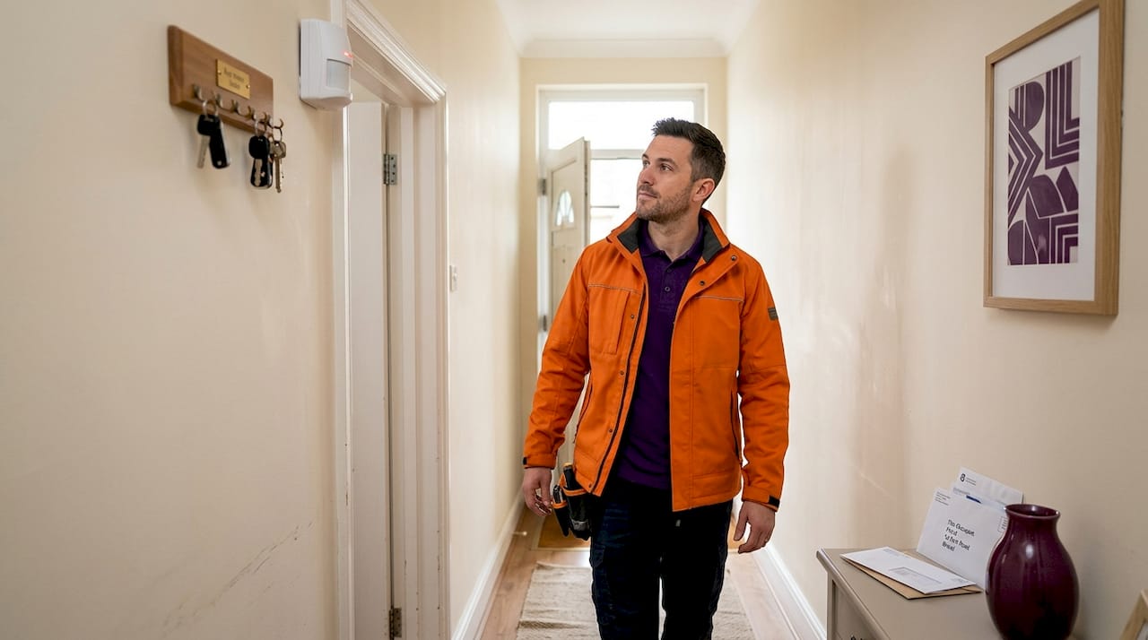 Man testing PIR sensor in flat hallway