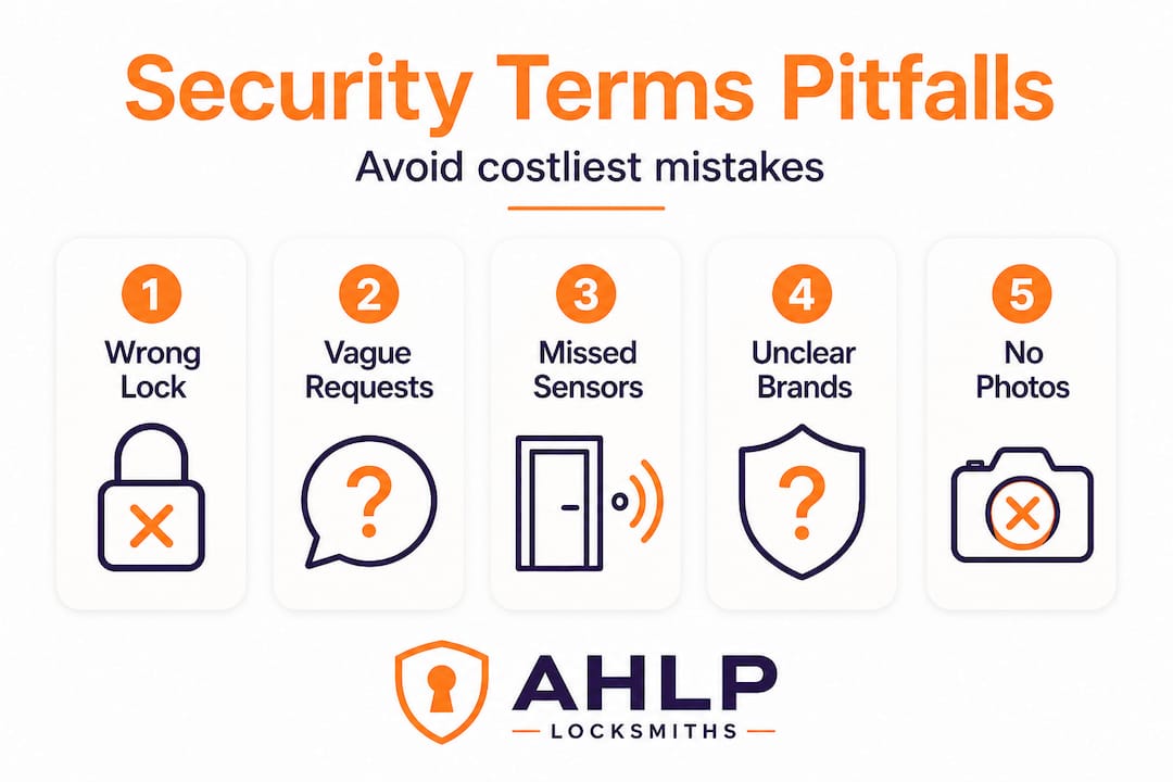 Vertical flow infographic showing common security term mistakes