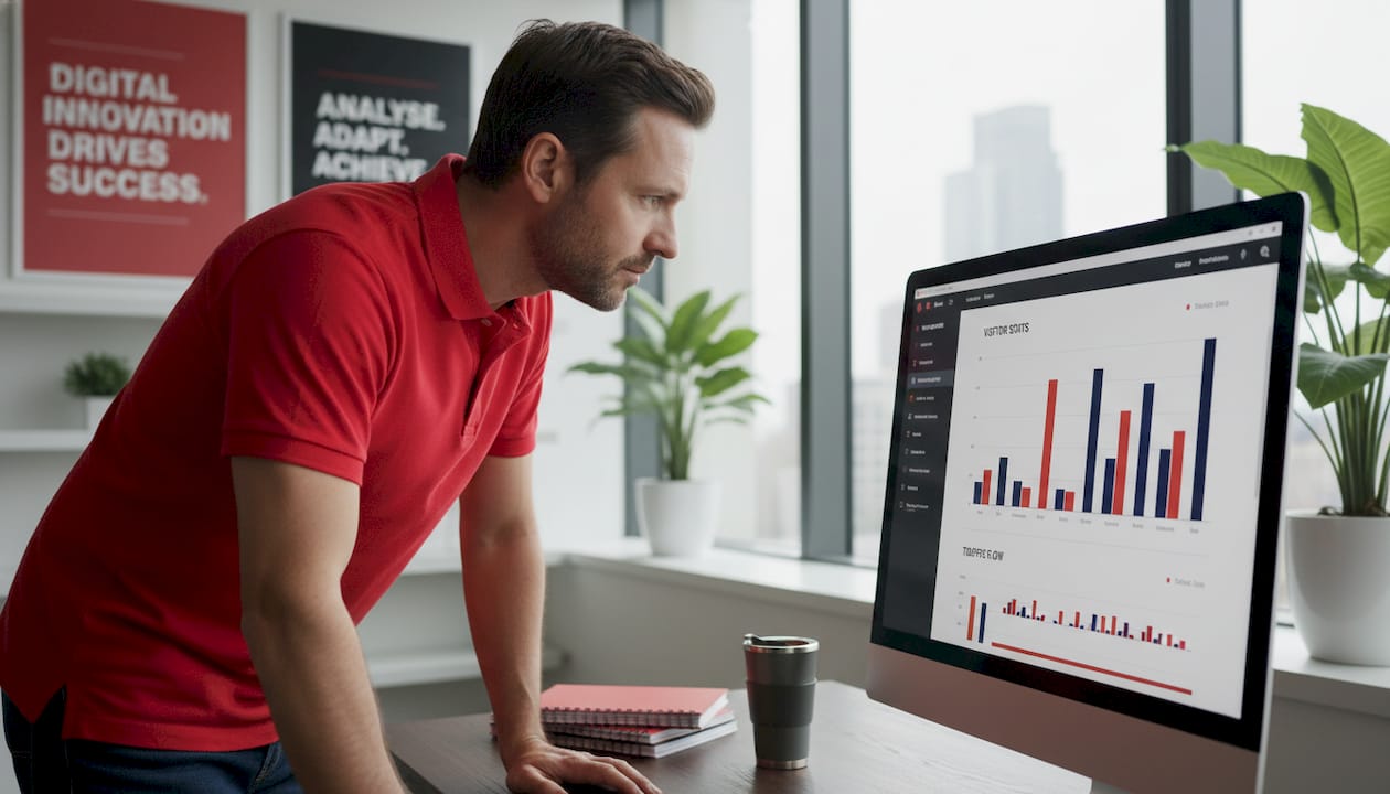 Coworker checking conversion rate statistics at desk