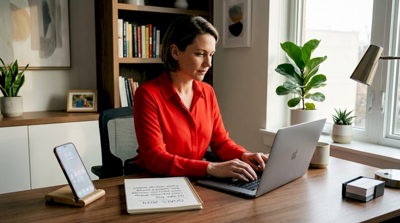 Woman planning content from home workspace