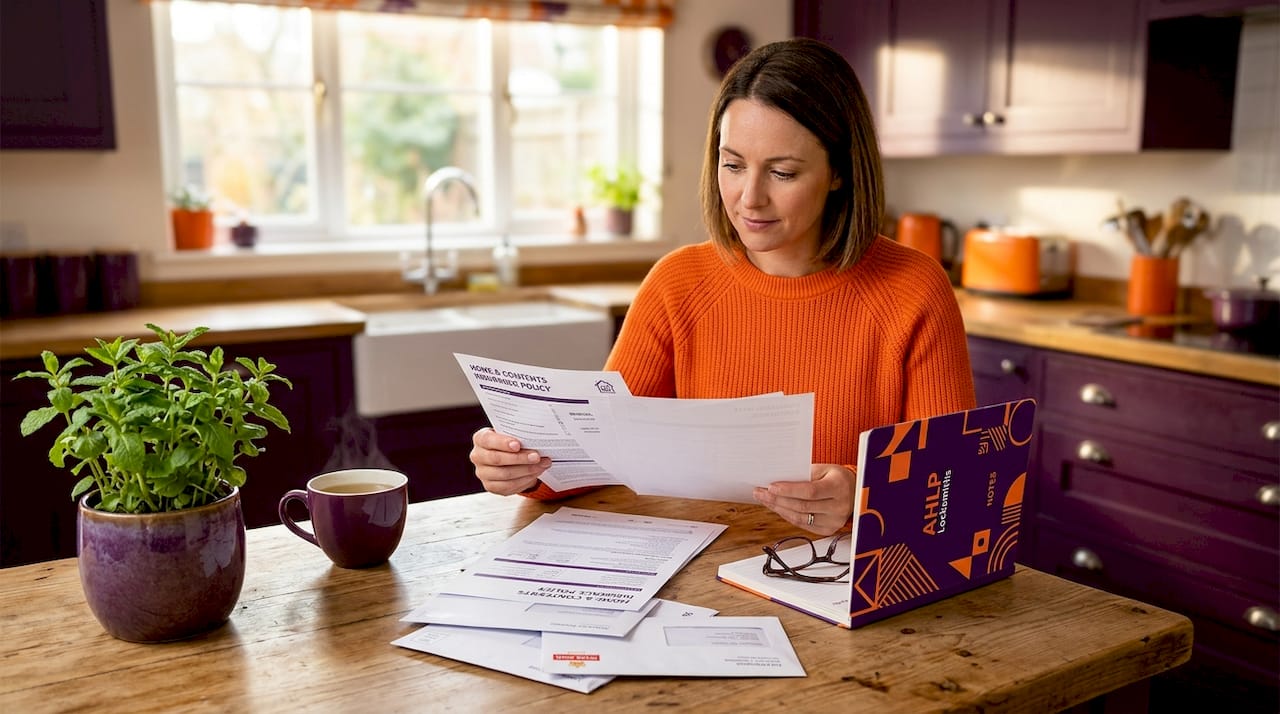 Homeowner reviewing insurance documents at kitchen table