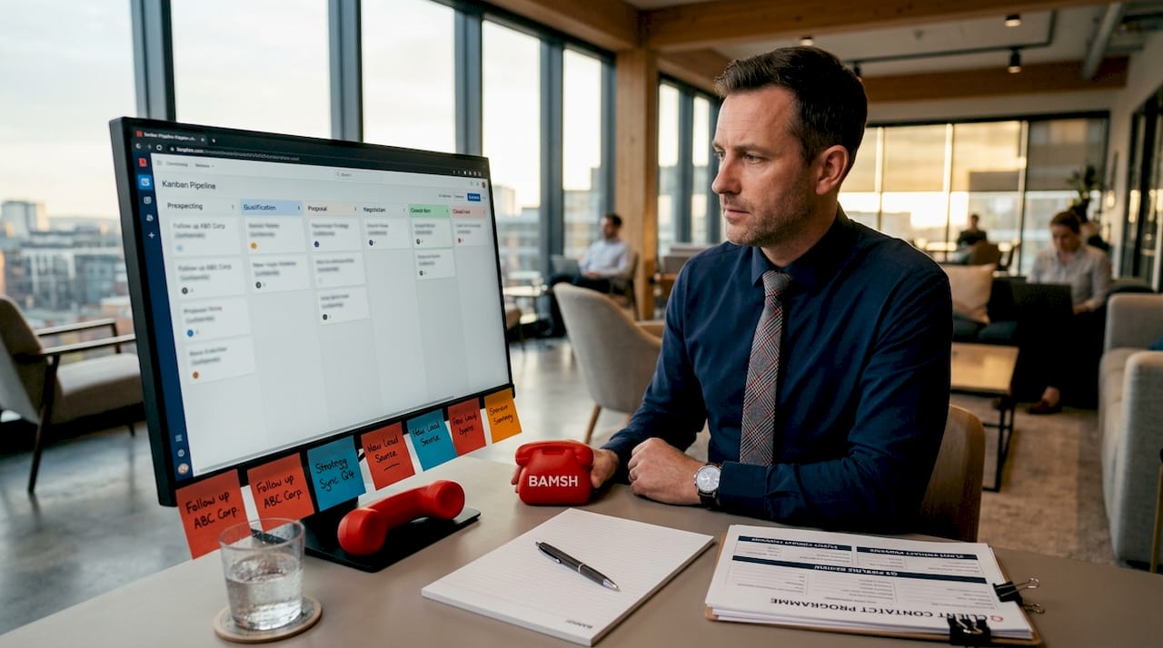 Sales manager reviews CRM sales pipeline at desk