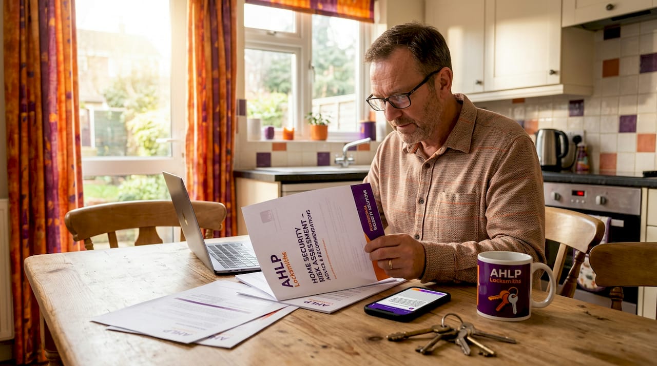 Homeowner reads security report for insurance review