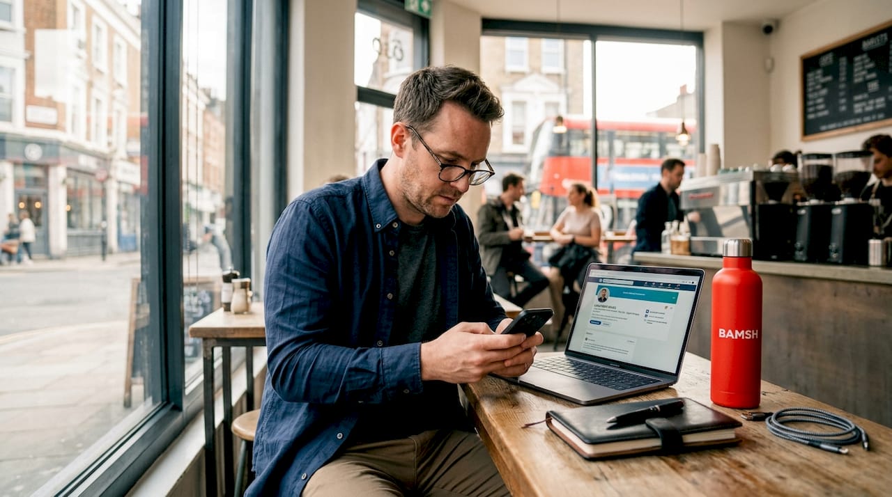 Founder engaging on LinkedIn at business desk