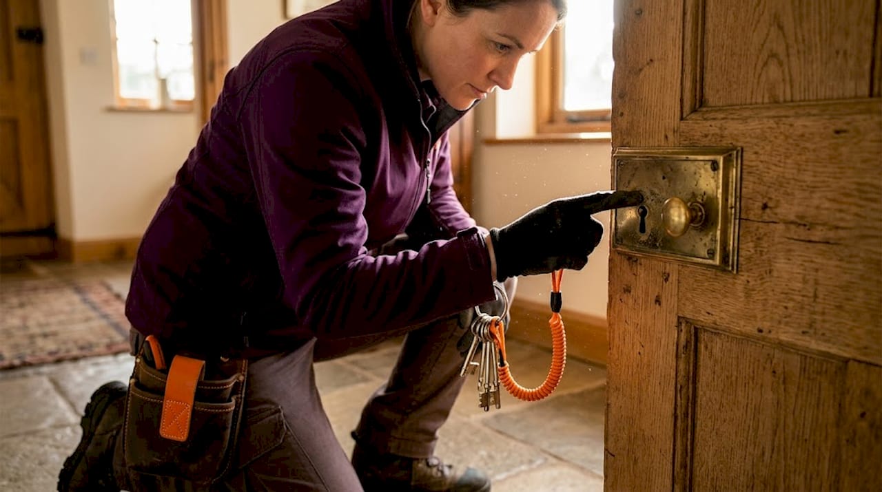 Close-up woman inspecting worn lock