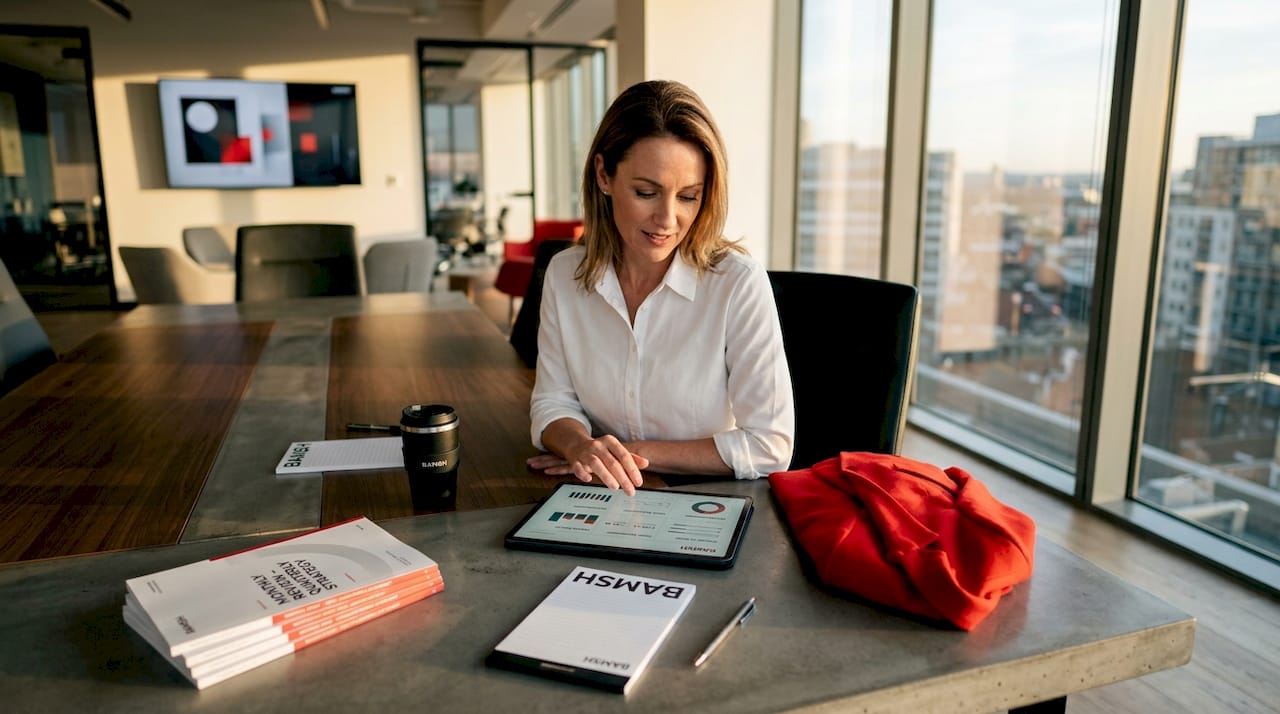 Woman reviewing CRM stats on conference table