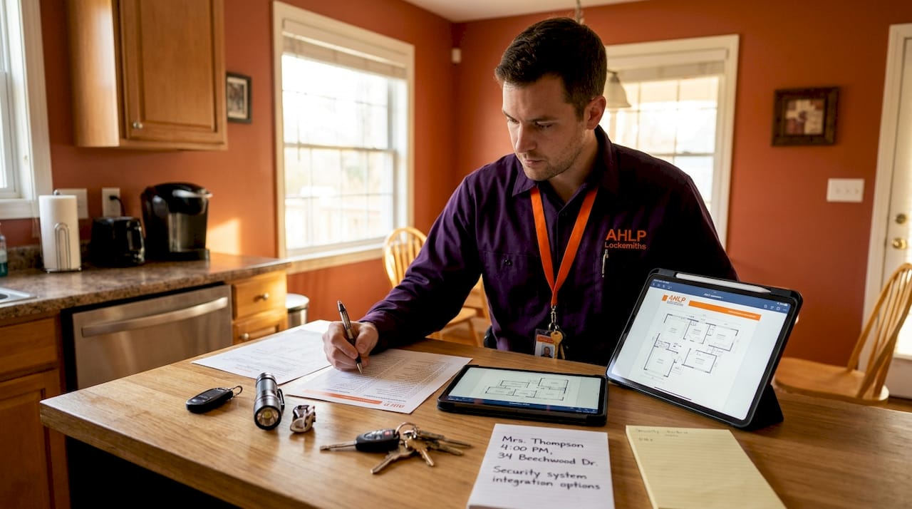 Locksmith assessing home security damage paperwork