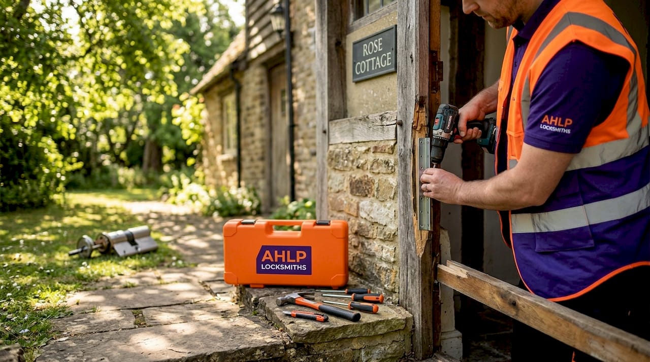 Locksmith repairing door frame at home entrance