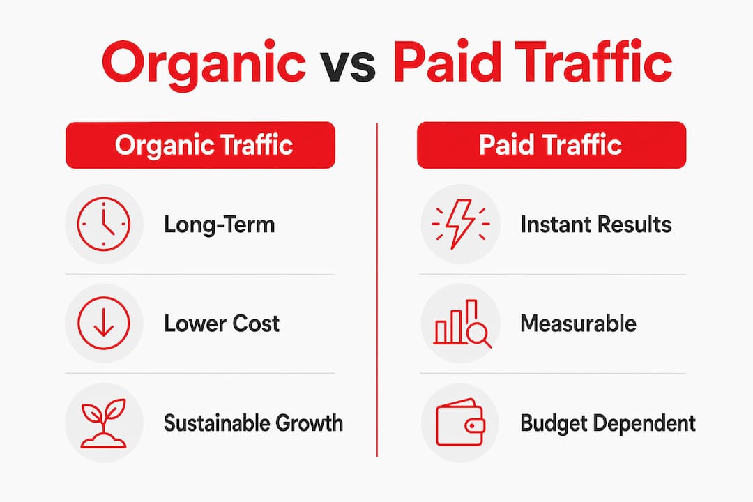 Infographic comparing organic and paid traffic key attributes