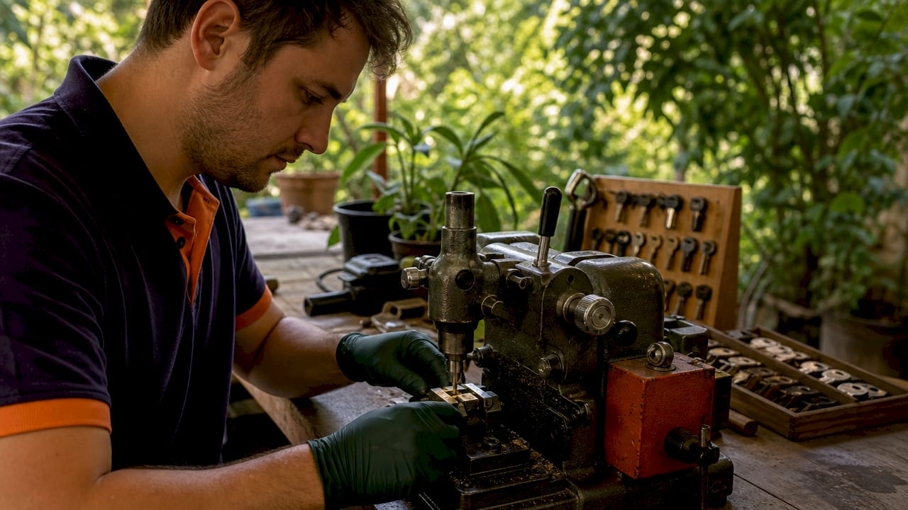 Locksmith cutting new key in workshop