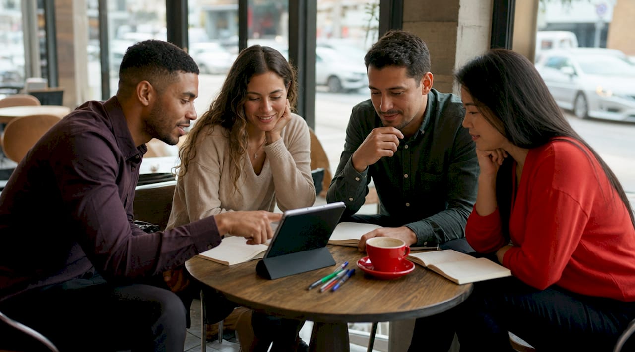 Sales team discussing deal stages beside pipeline board
