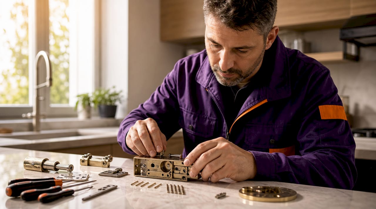 Locksmith hands repairing residential door lock
