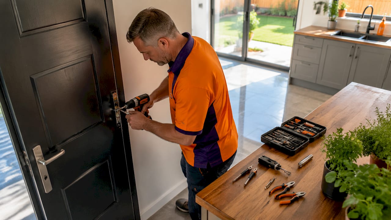 Hands installing anti-snap door lock cylinder