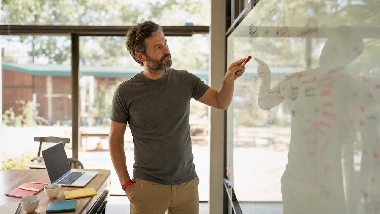 Strategist explaining content clarity framework on whiteboard
