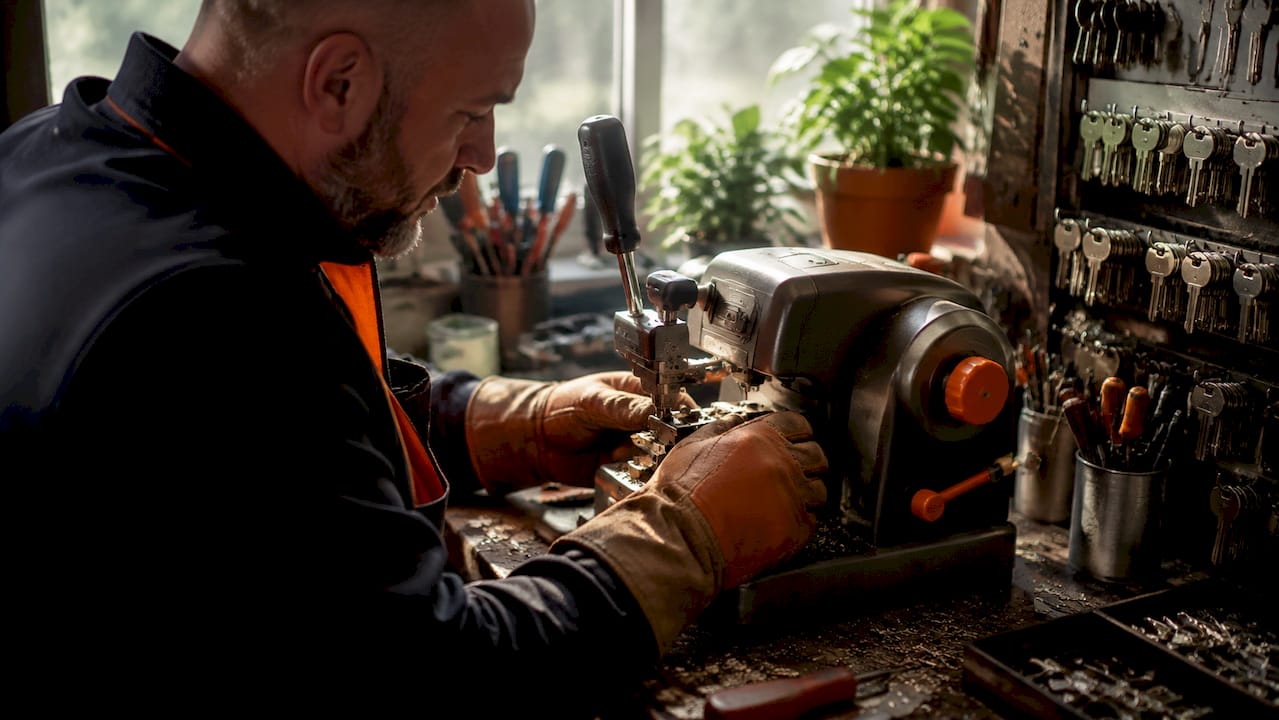 Locksmith cutting a key in workshop close-up