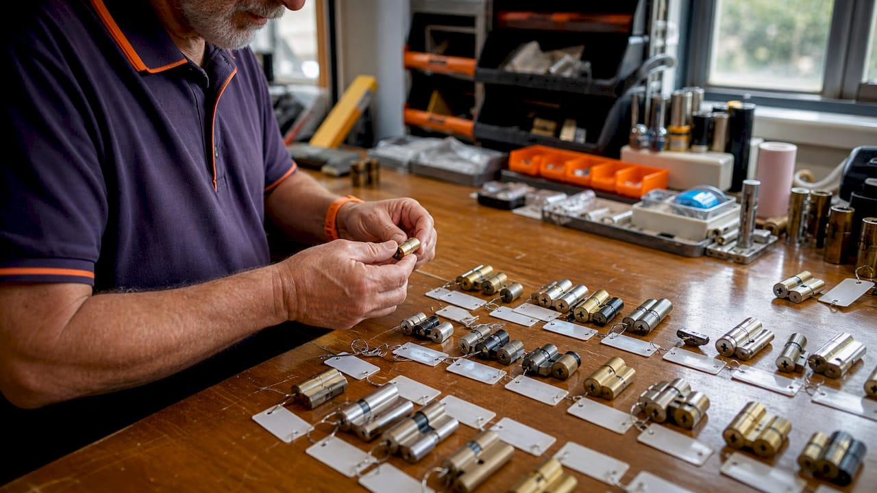 Locksmith examining various lock cylinders close-up