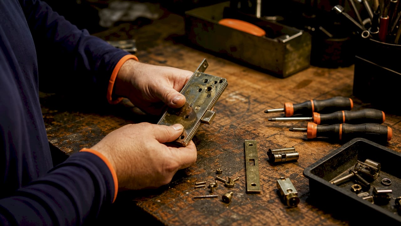 Locksmith tools and hands working on lock cylinder close-up