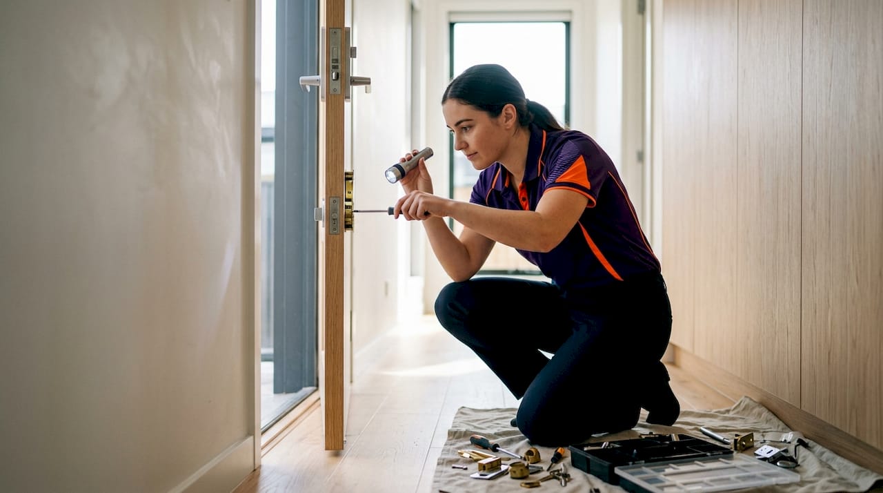 Locksmith inspecting door frame and lock hardware