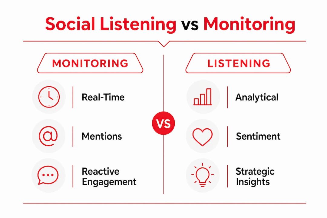 Infographic comparing social listening and social media monitoring