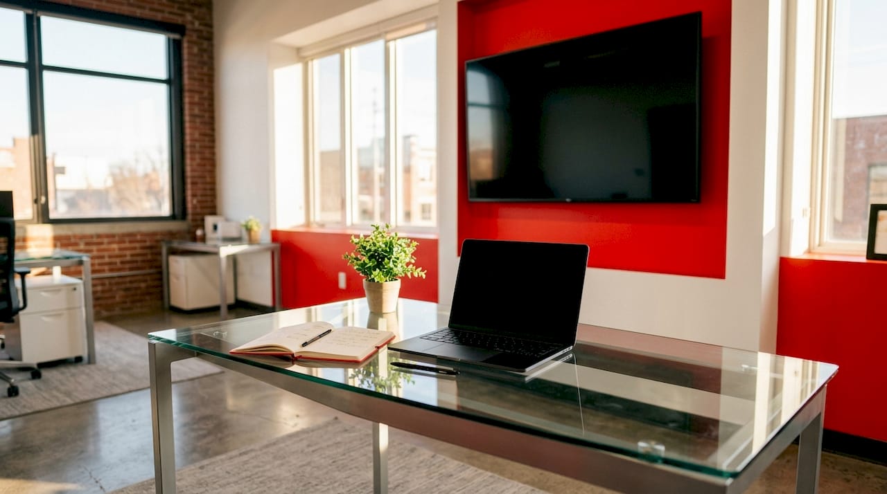 Office desk with digital dashboard and workspace items