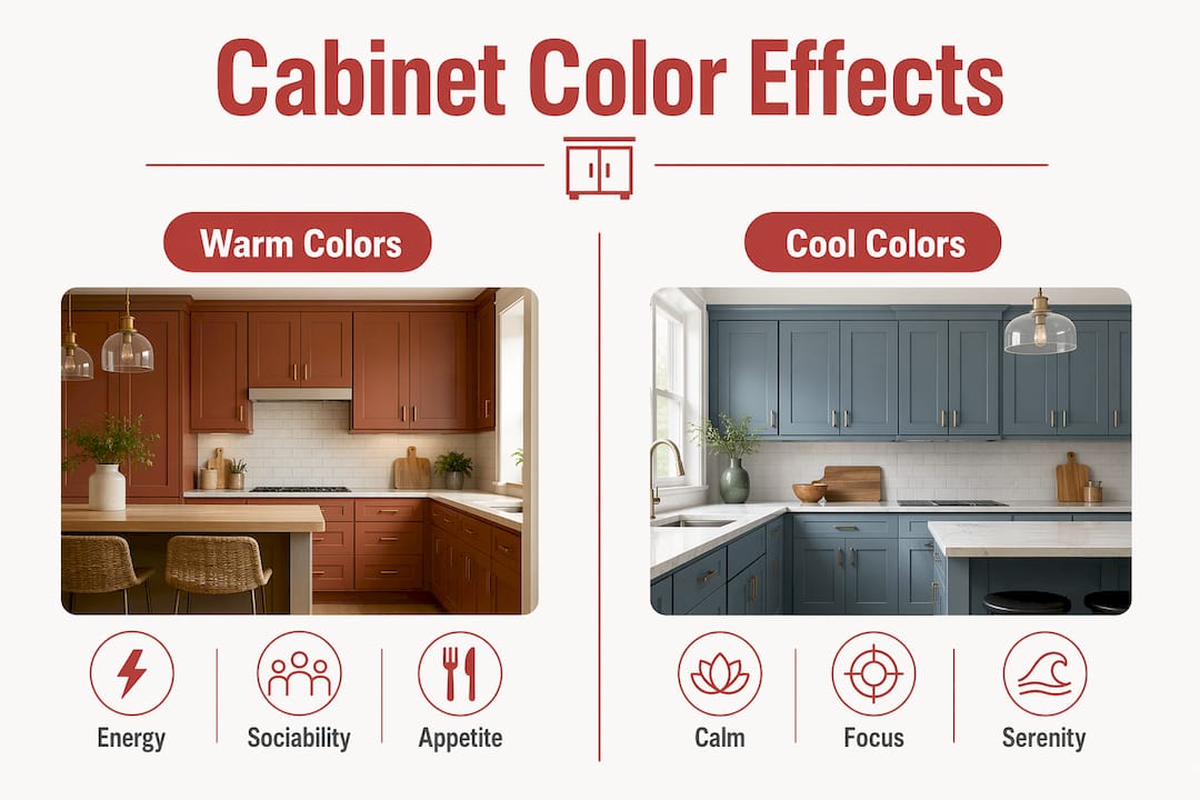 Infographic comparing warm and cool cabinet colors