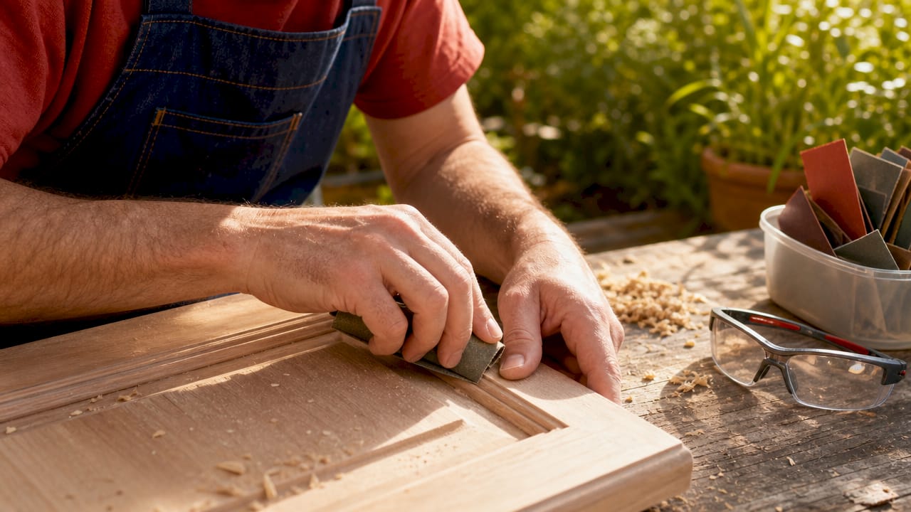 Hands sanding detailed cabinet corner with block