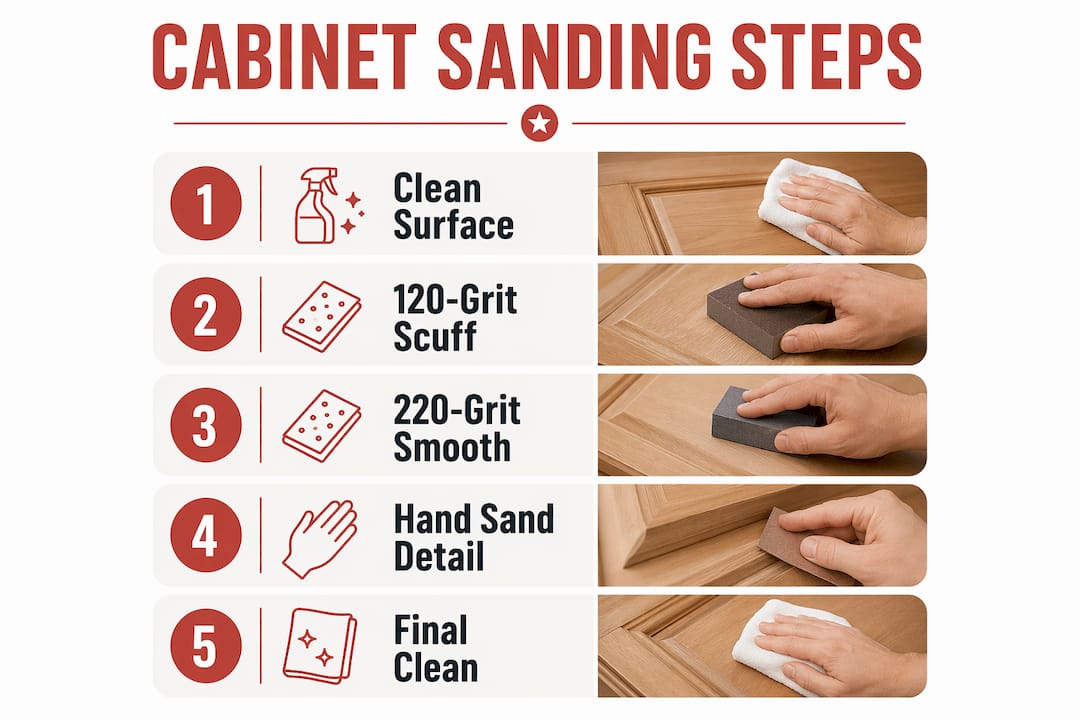 Infographic showing key cabinet sanding preparation steps