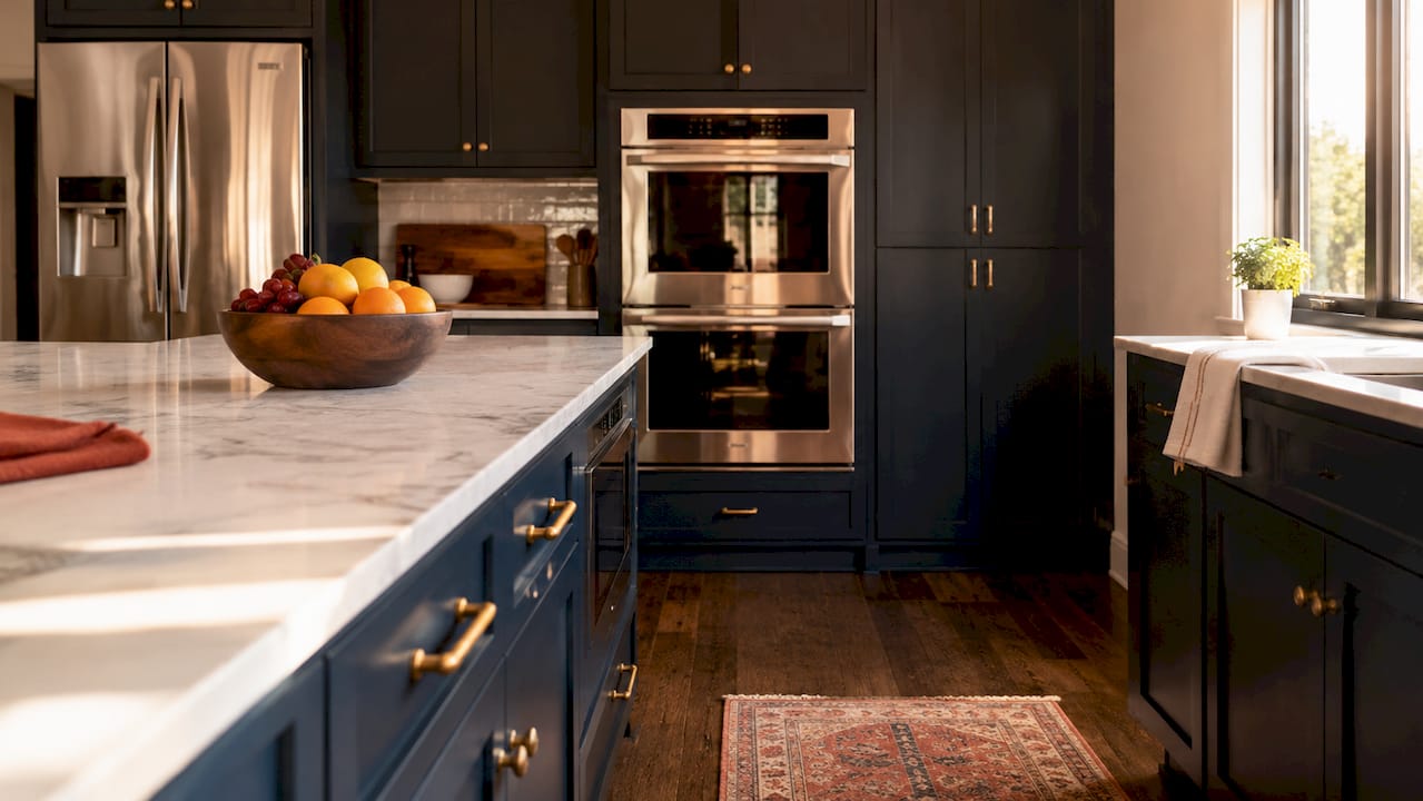 Modern kitchen with navy blue cabinets and brass hardware