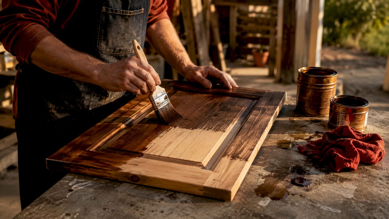 Hands applying stain to oak cabinet door