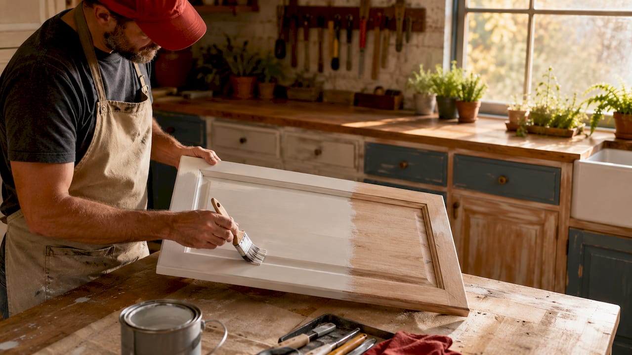 Hands sanding cabinet door for refinishing